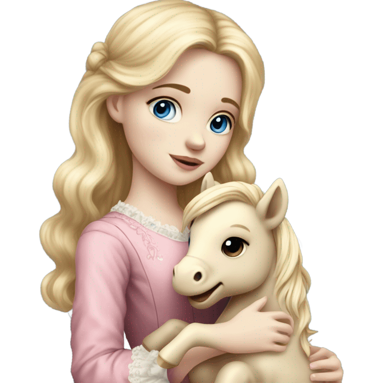 Blonde, pale skin, blue eyes girl wearing a pink dress cuddling her pony stuffed animal. She is from the Victorian era emoji