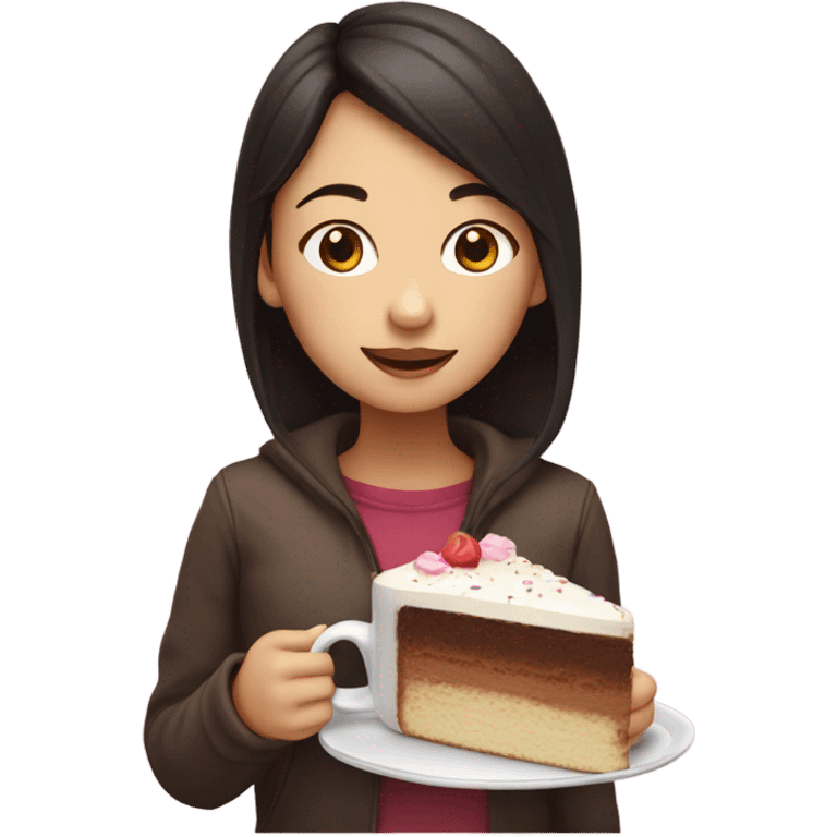 An Asian girl with enjoying a piece of victoria cake with a cup of hot chocolate emoji