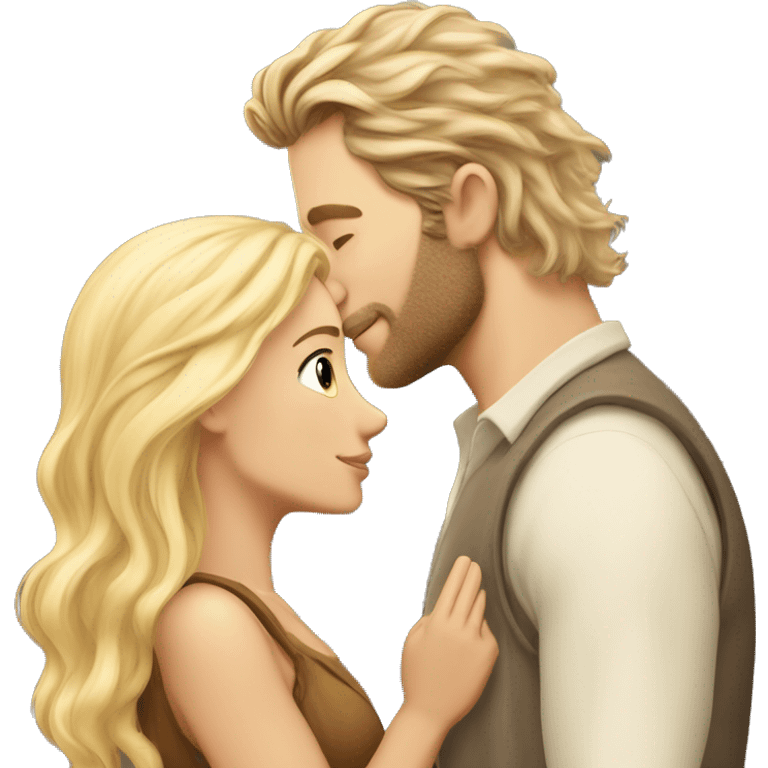 hunk white man with hobbit hair and scruff wearing normal clothes passionately kissing pretty blonde straight long hair woman emoji