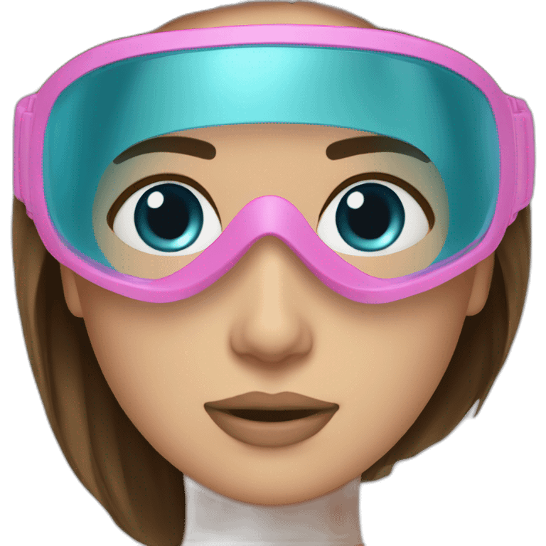 woman large and straight brown hair, pink diving mask with a single crystal-blue eyes emoji