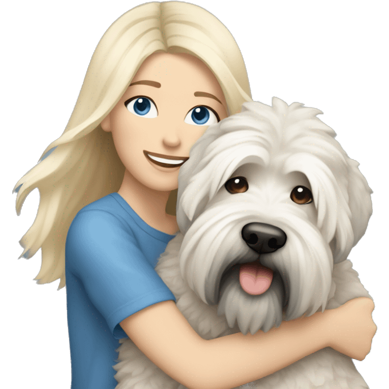 pretty woman blonde hair blue eyes hugging a white and gray soft coated wheaten terrier dog emoji