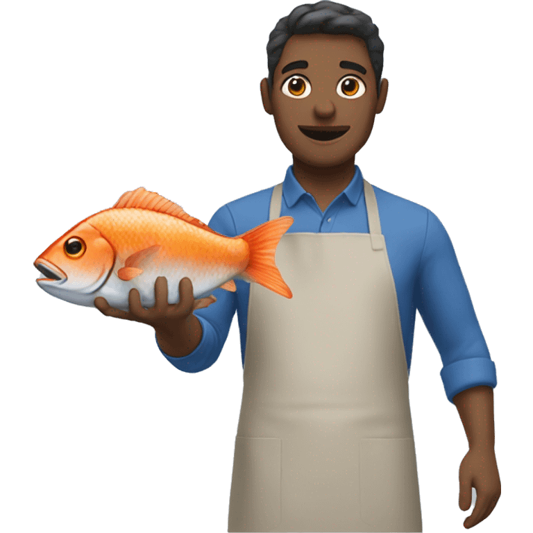 guy in a blue apron holding a fish emoji