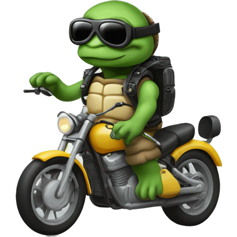 A cartton turttle on a motorbike with a jet helmet and glases, from the front emoji