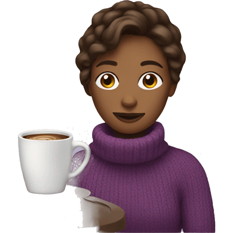 Woman with brown hair in a purple sweater drinking coffee emoji