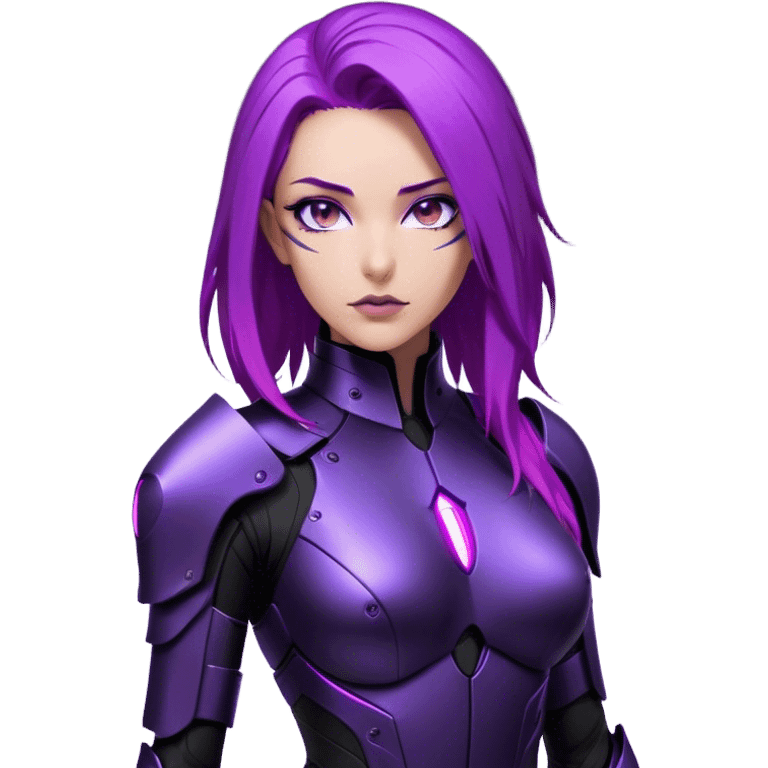 A sleek warrior woman with flowing purple hair, her sharp violet eyes glowing with quiet intensity. She wears a form-fitting black armored suit with smooth, seamless plating, a fusion of high-tech design and elegant minimalism. The matte black surface subtly reflects the dim ambient light, highlighting the streamlined contours of her suit. A slim, obsidian blade rests at her side, its edge barely visible in the soft glow of floating digital glyphs around her. Her expression is poised—calm, calculated, and unwavering, standing against a gradient-lit backdrop, where darkness meets the faintest hint of neon luminescence. emoji