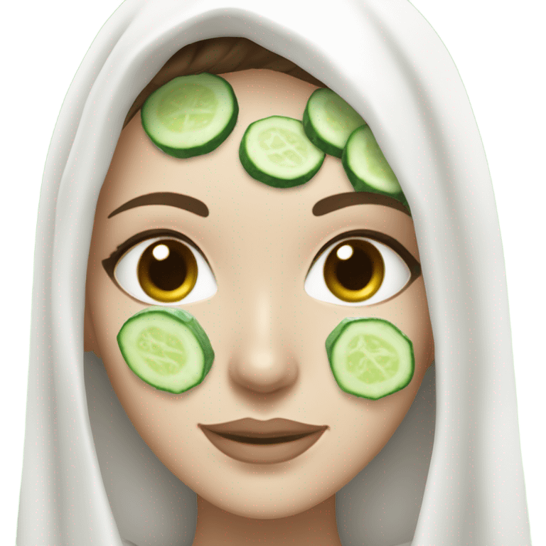 White girl with Brown hair and blue eyes wears a Green clay colored skincare textured mask and puts on cucumbers around her eyes while She relaxes in her white Robe emoji