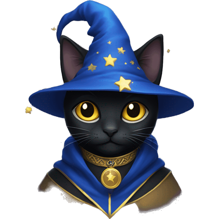 Black cat wizard wearing blue with gold stars emoji