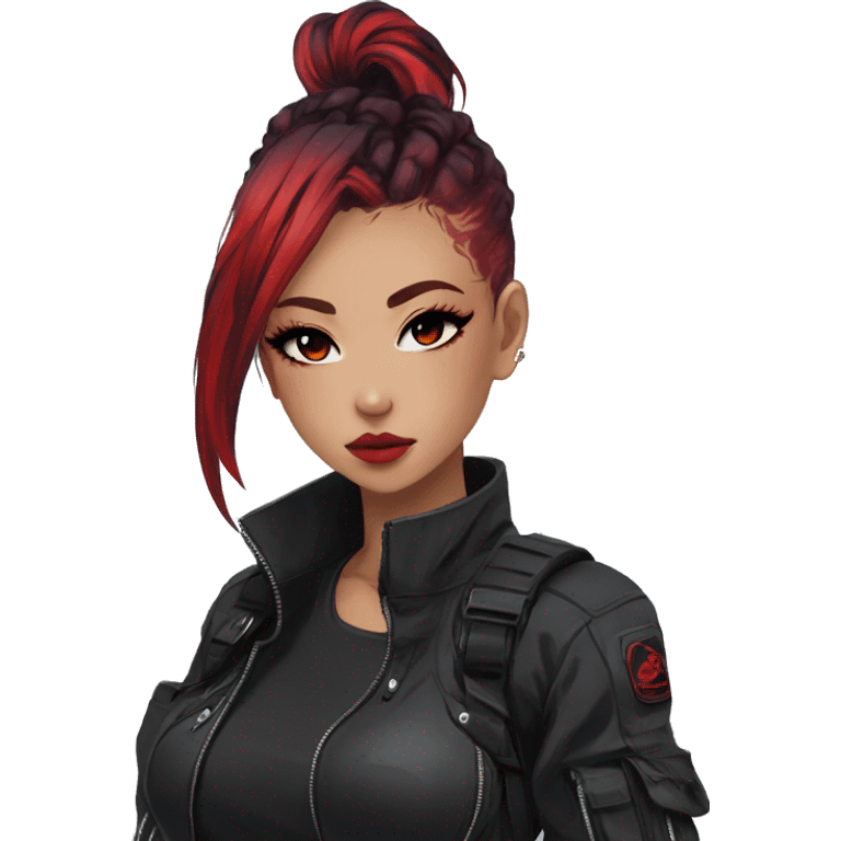 Gorgeous techwear anime style lady with blushing face aesthetic and pretty edgy black red punk hair with hair garment trending style emoji