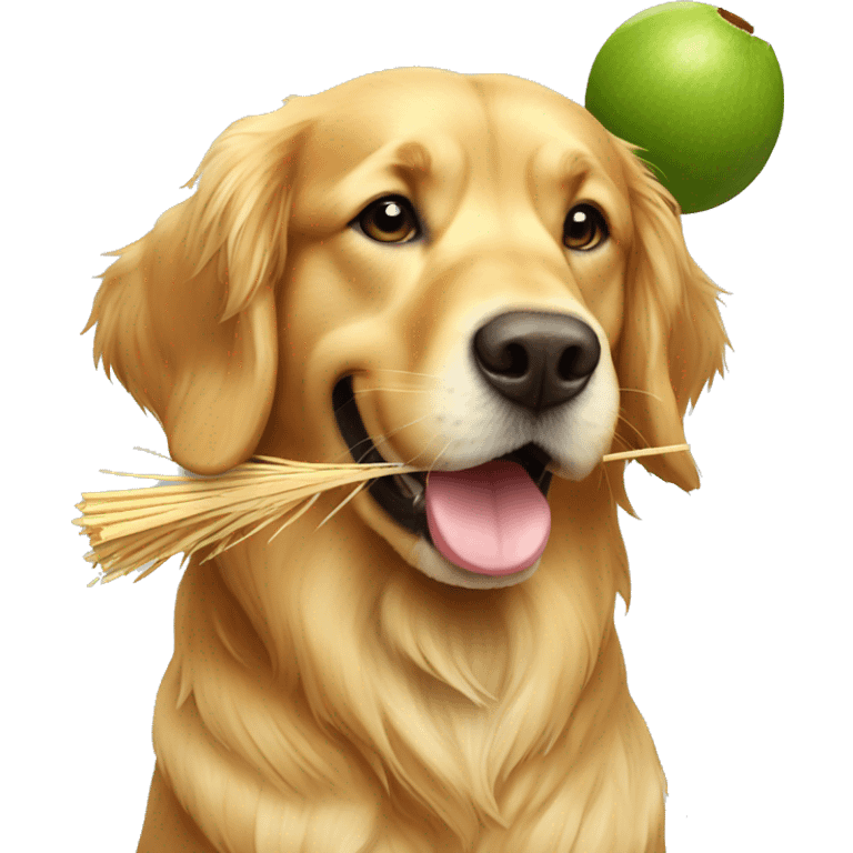 golden retriever with green coconut in his hand and straw going to his mouth emoji