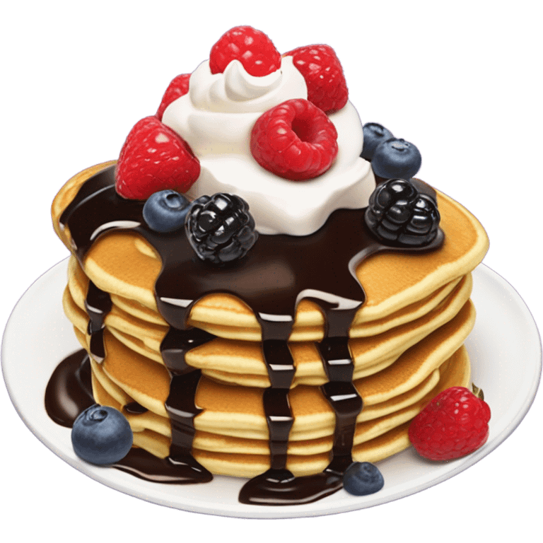 Pancakes with chocolate sauce, berries, and whipped cream ontop emoji