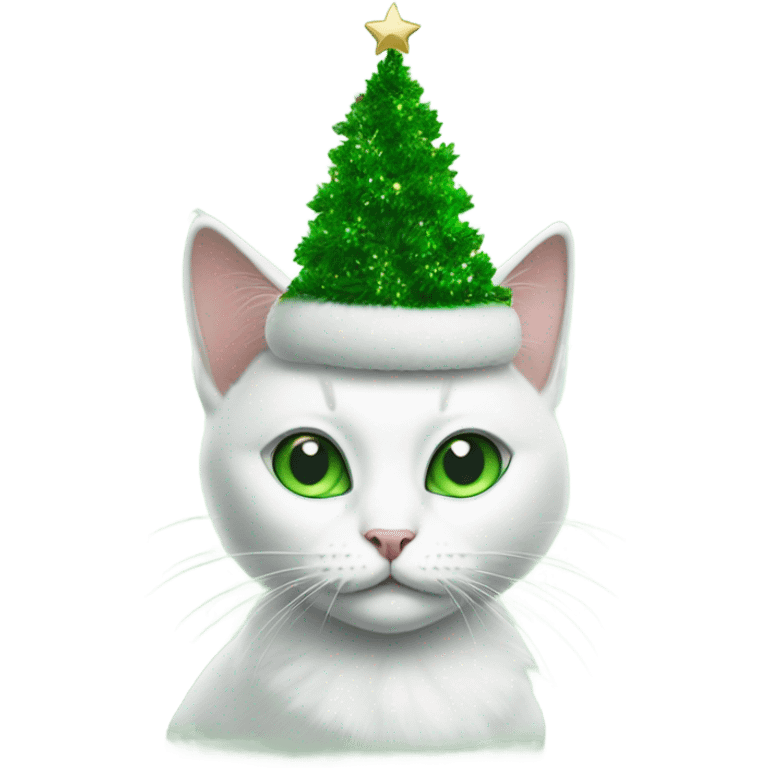 White cat green eyes wearing a green Christmas tree hat emoji