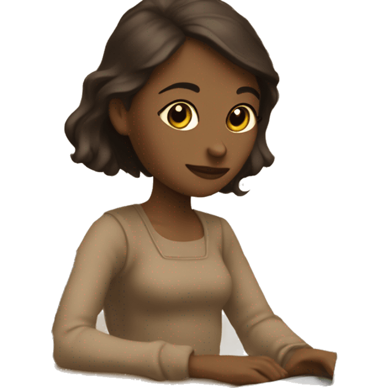 A girl at a table with a laptop. A a cup of coffee on the left side of the table. Books on the right side of the table. in beige tones emoji