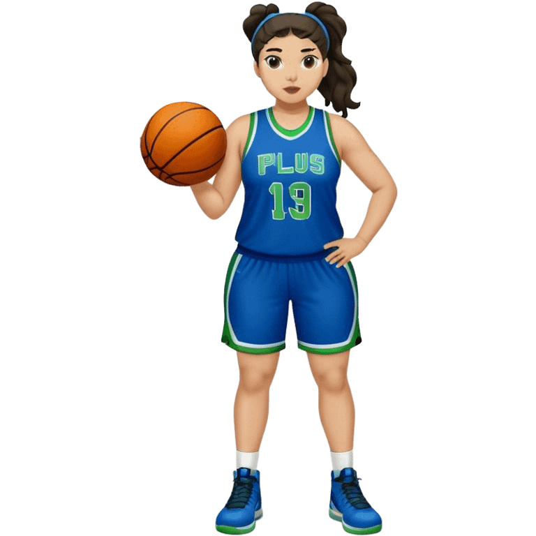 full body plus size light skin latino women basketball player with wavy dark hair in pony tail wide nose wearing blue uniform with green accent emoji