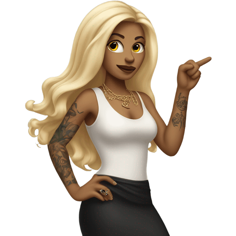 Blonde elegant women with LONG HAIR, her Body Covered with Tattoos, POINTING YOU FORWARD with her HAND with INDEX FINGER, Hyper Realistic emoji