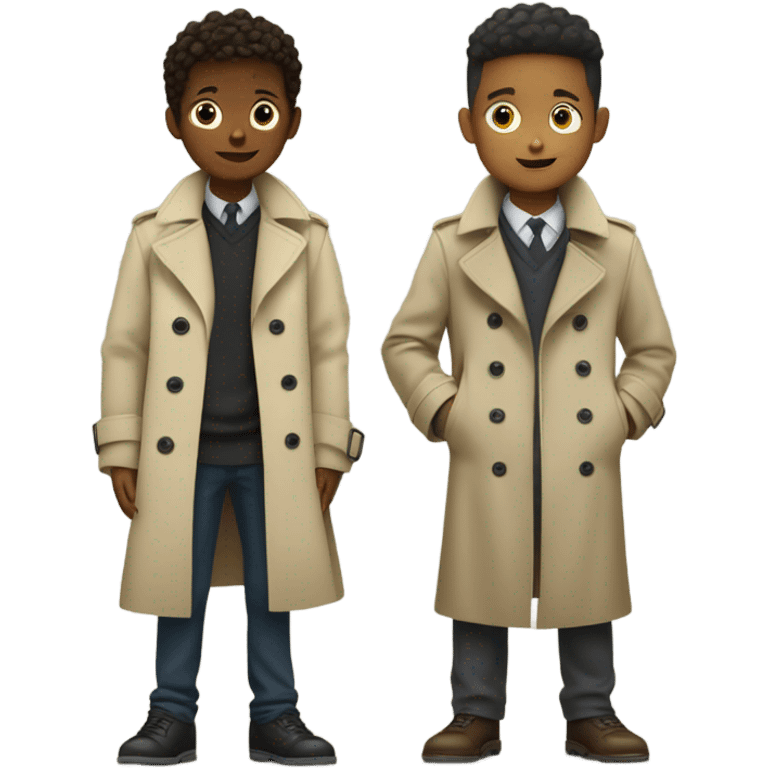 2 kids in a trench coat talkings to 2 trench coats in a kid emoji