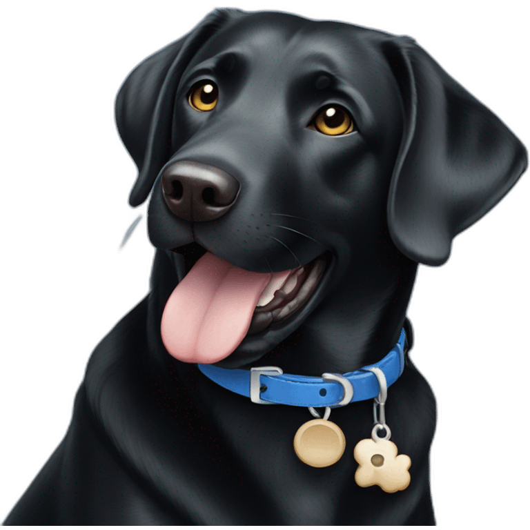 Happy Black Labrador wearing a blue collar with a bone shaped tag emoji