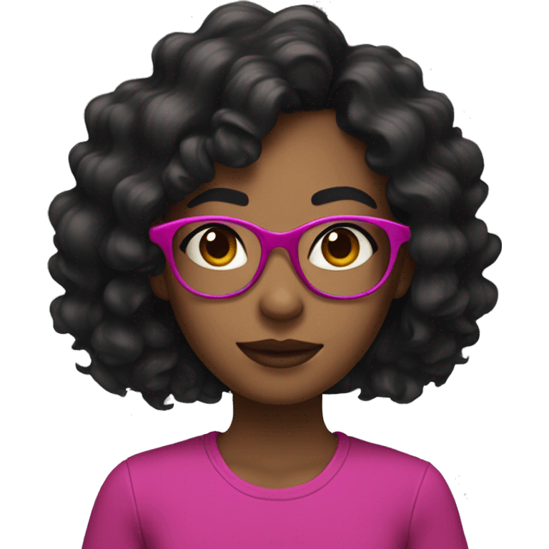 Girl with long curly black hair and brown skin and dark eyes and fuchsia round glasses  emoji