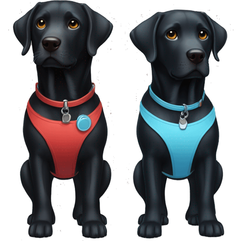 black-coloured labrador on the left with red collar, black-coloured labrador on the right with light blue collar. emoji