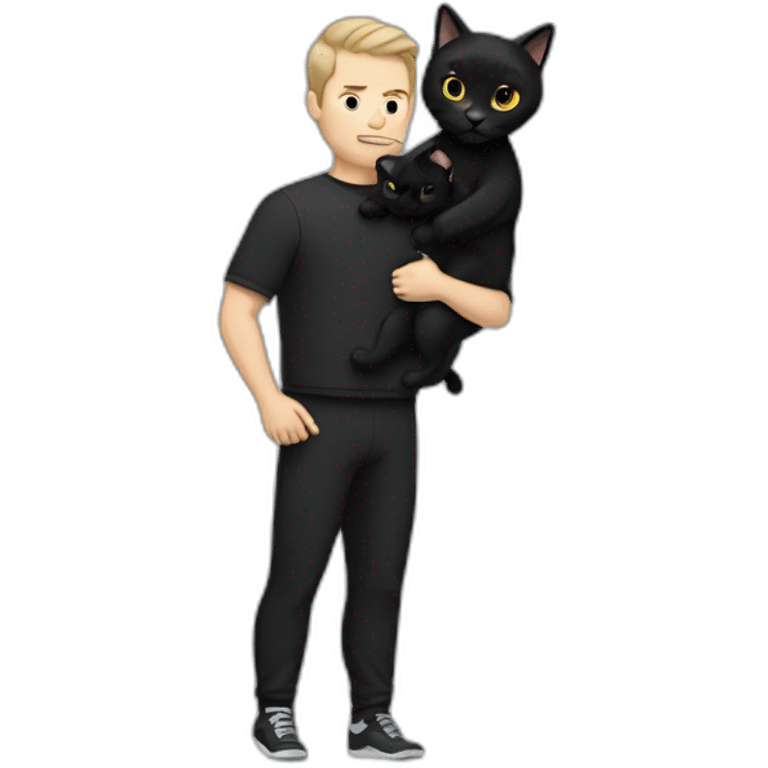 white man with black hair wearing tracksuit holding a black cat like a baby in arms emoji