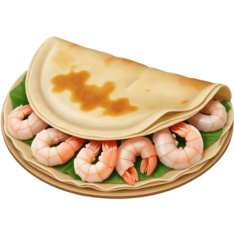 Bánh Xèo Cinematic Realistic Bánh Xèo Dish Emoji, depicted as a crispy, folded semi circle crepe filled with tiny shrimp and pork, rendered with dynamic textures and vibrant, appetizing lighting. emoji