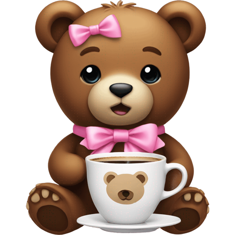 A teddybear with pink bows sipping coffee  emoji