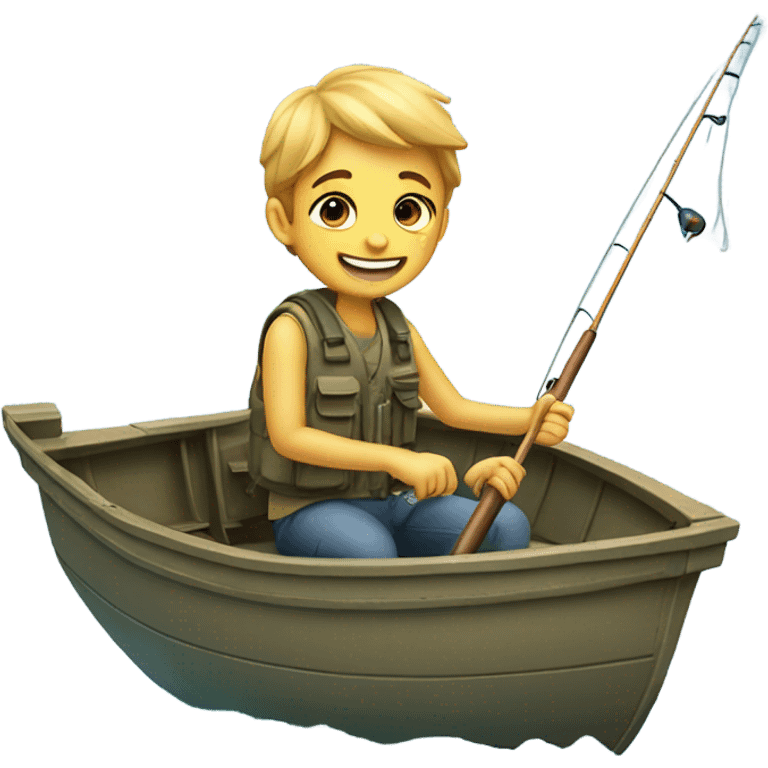 smiling boy fishing in a boat  emoji