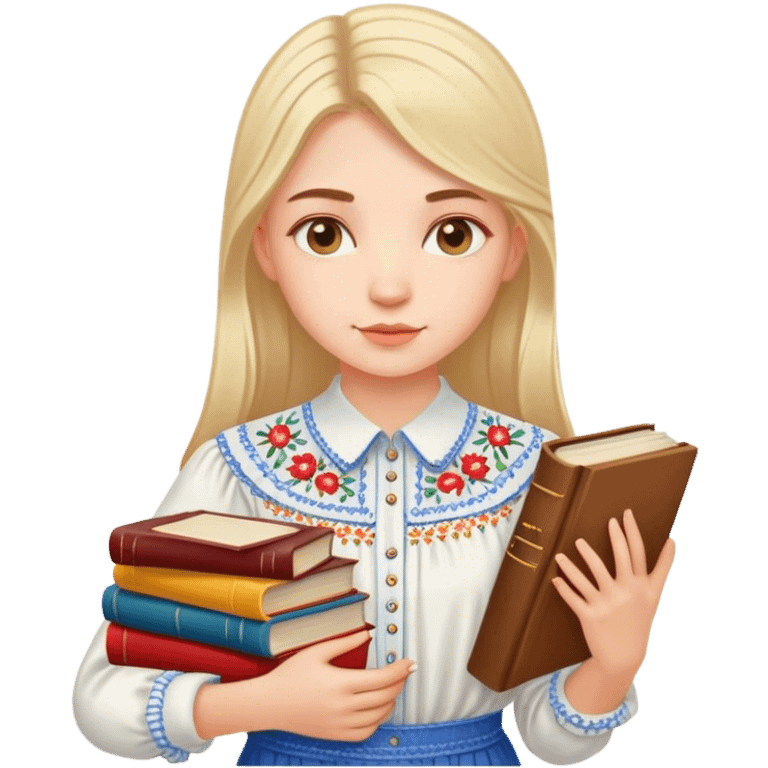 A Ukrainian girl in an embroidered shirt holds many books emoji