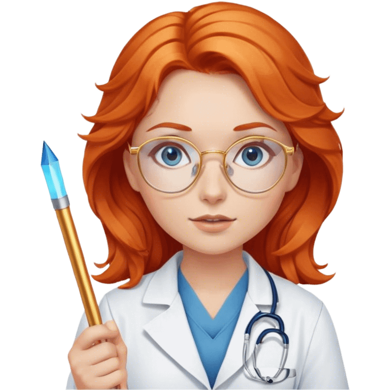 Girl doctor wavy orange red hair blue eyes in gold glasses . And  pointer emoji