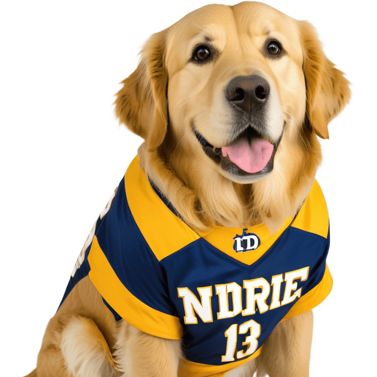 Golden retriever wearing a Notre dame jersey #13 emoji