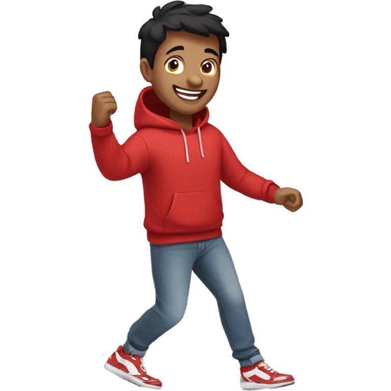 Cartoon of a joyful man with short black hair wearing a red hoodie and sneakers emoji