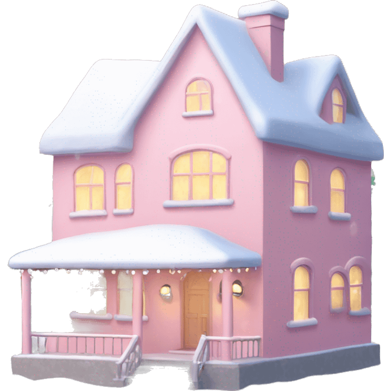 Pastel pink house with snow and Christmas lights and Christmas trees￼ emoji