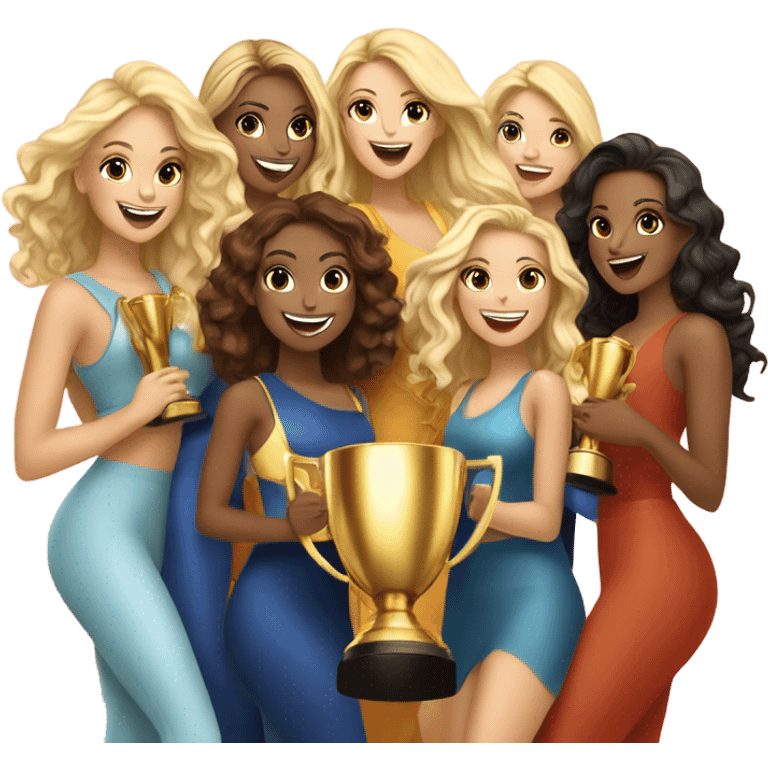 Seven beautiful and stylish blonde and Latina models celebrating with 1 huge gold trophy emoji