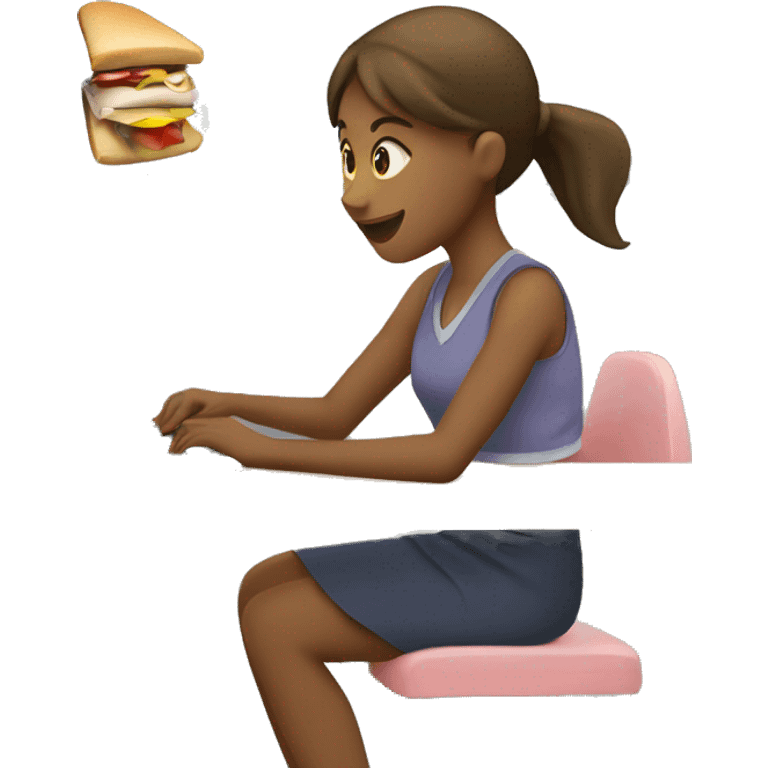 Girl working on computer while eating a sndwhich with the train behind her emoji