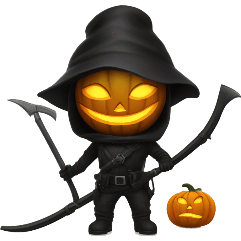 Human female pumpkin hunter with a scythe, glowing pumpkin eyes inside a black helmet, Halloween theme, emoji" emoji