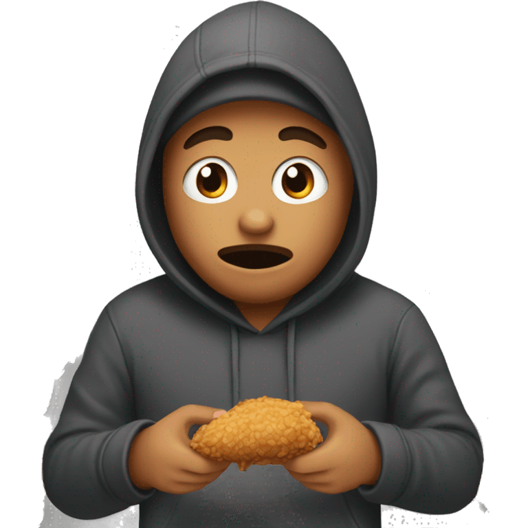 Person with  dark grey hoodie covering his body other then his mouth eating fried chicken  emoji