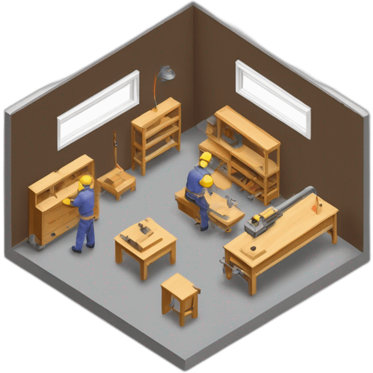 isometric square solid outline border containing indoor creative factory woodworking metalworking people active working cnc machine tools simple clean industrial makerspace concrete #edc31b  emoji