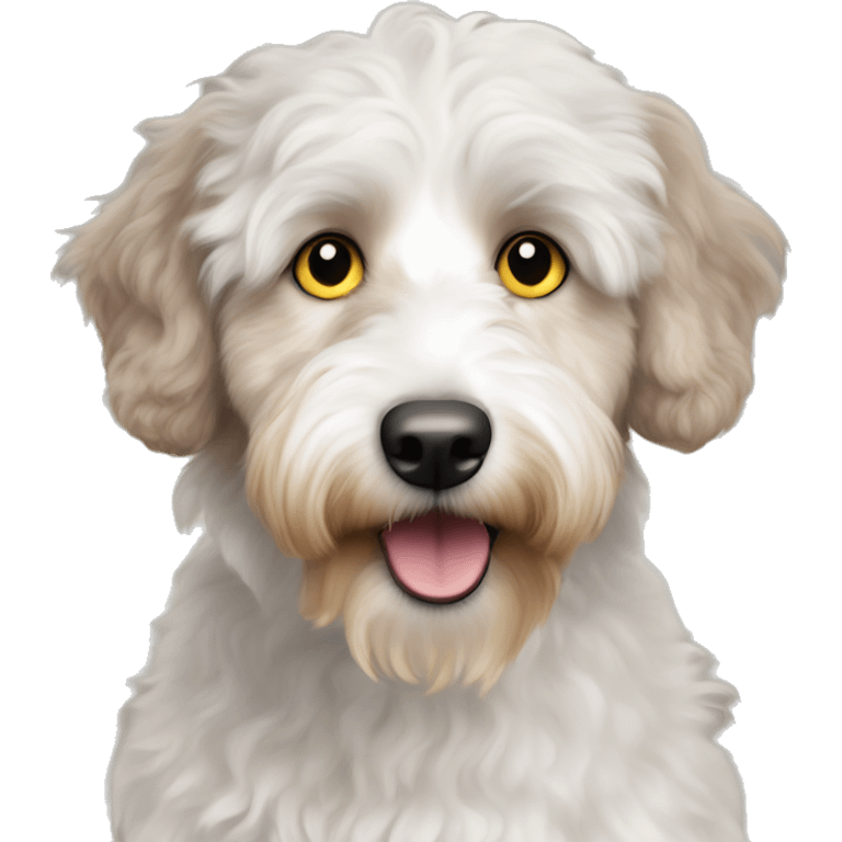 White and beige aussiedoodle with yellow eyes emoji