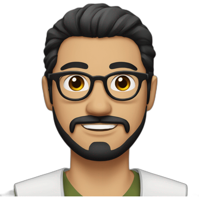 Arabic man, very short black hair, round hipster glasses, dark beard and mustache, round-ish face, brown eyes, beautiful smile, samurai emoji