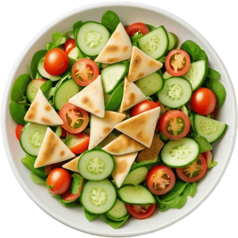 Cinematic Realistic Fattoush Salad Dish Emoji, depicted as a colorful medley of greens, tomatoes, cucumbers, and crispy pita rendered with vibrant textures and refreshing lighting. emoji