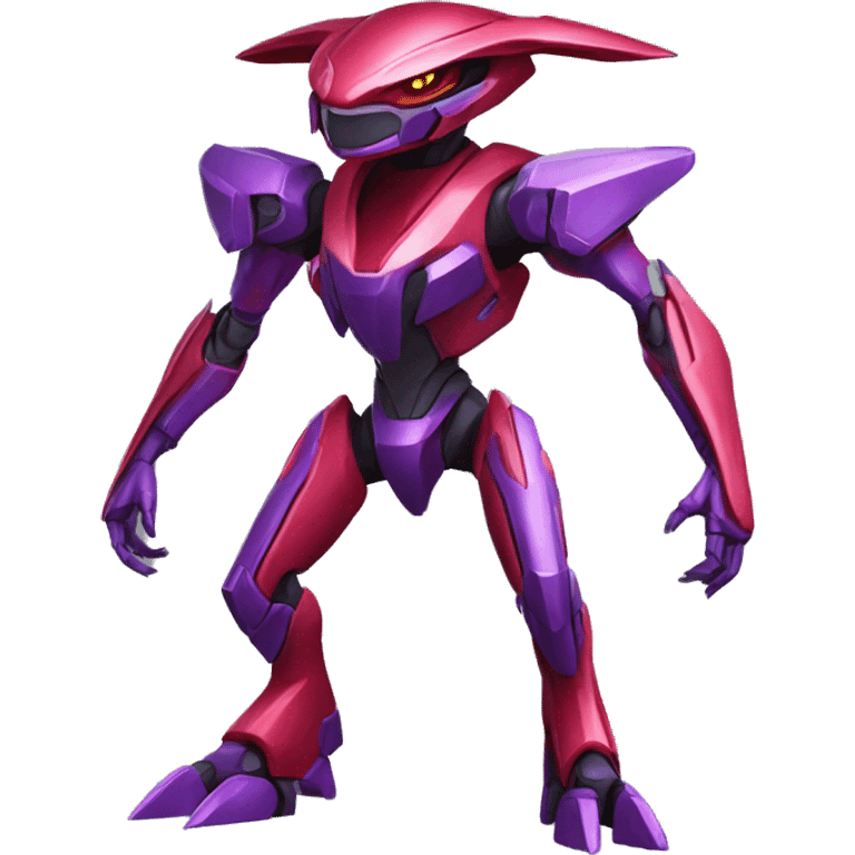 a shiny purple-red Genesect-Raptor-Fakémon—hybrid with a futuristic visor-helmet full body emoji