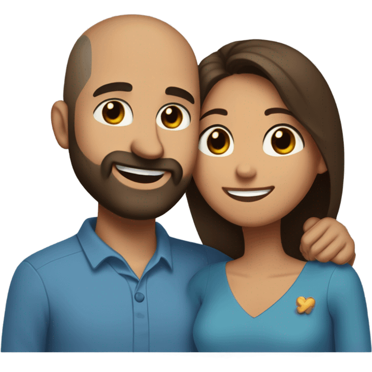 Brown-haired Puerto Rican woman with dark brown eyes wearing a cute blue blouse giving comforting hug to short, bald man with brown eyes, laugh lines, and a beard emoji