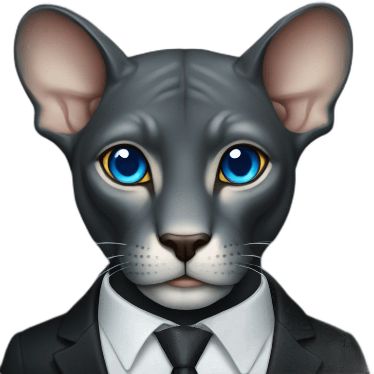 dark grey sphinx with bright blue eyes wearing black suit, portrait emoji