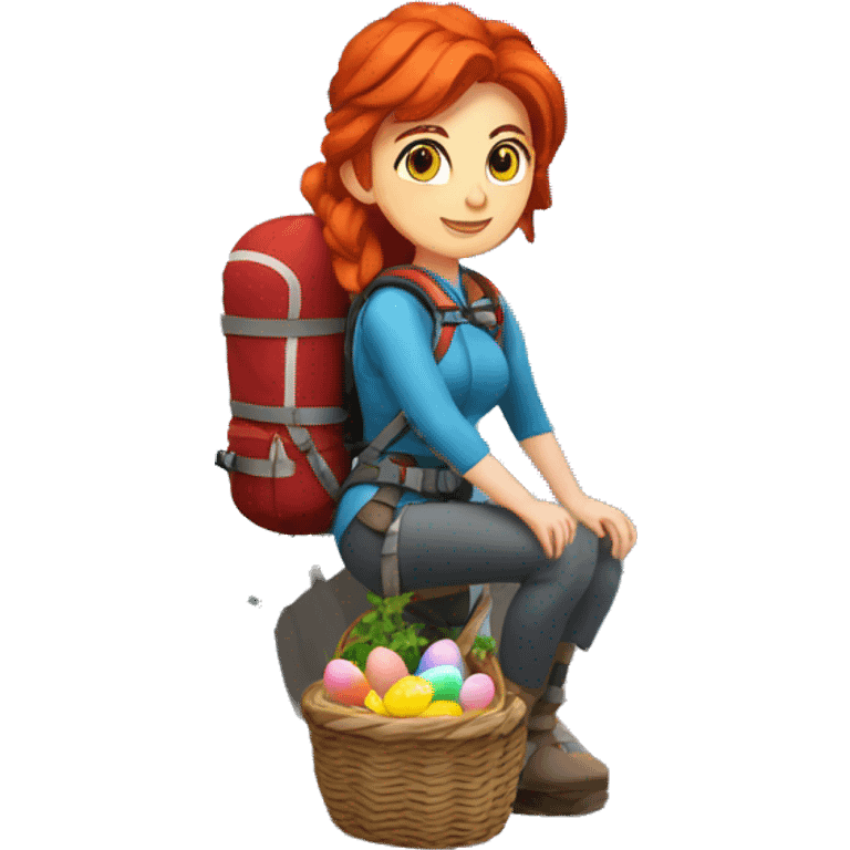 Female winter mountain climber red hair white skin climbing with Greek and EU flags and Easter eggs basket emoji