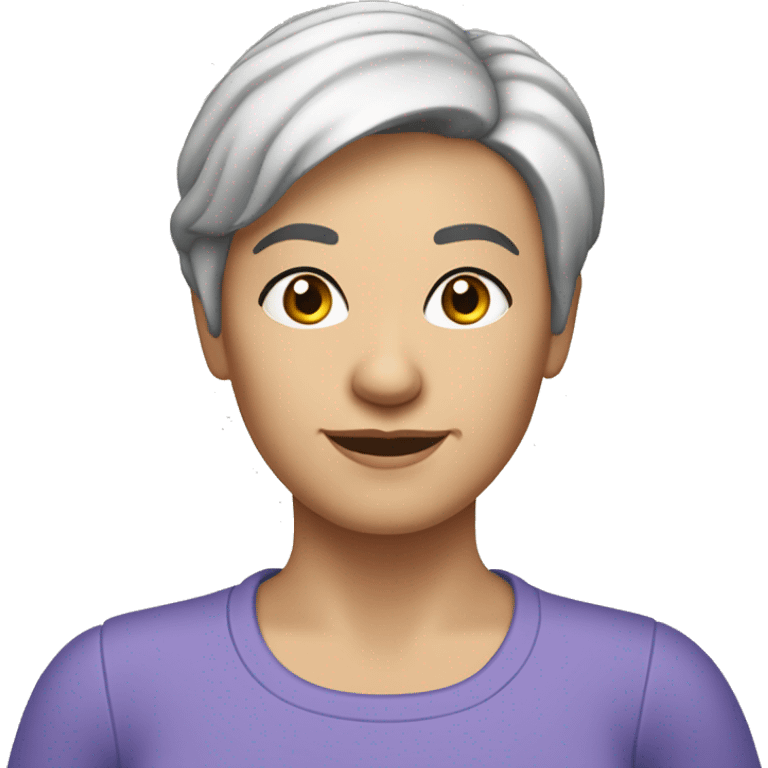 A head and shoulders shot of a 50 year old caucasian woman with short black hair wearing a tshirt. emoji