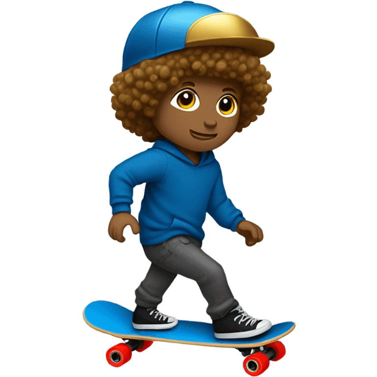 Guy skateboarding short curly hair with gold sparkly helmet and red wheels black cargo pants and blue sweatshirt emoji