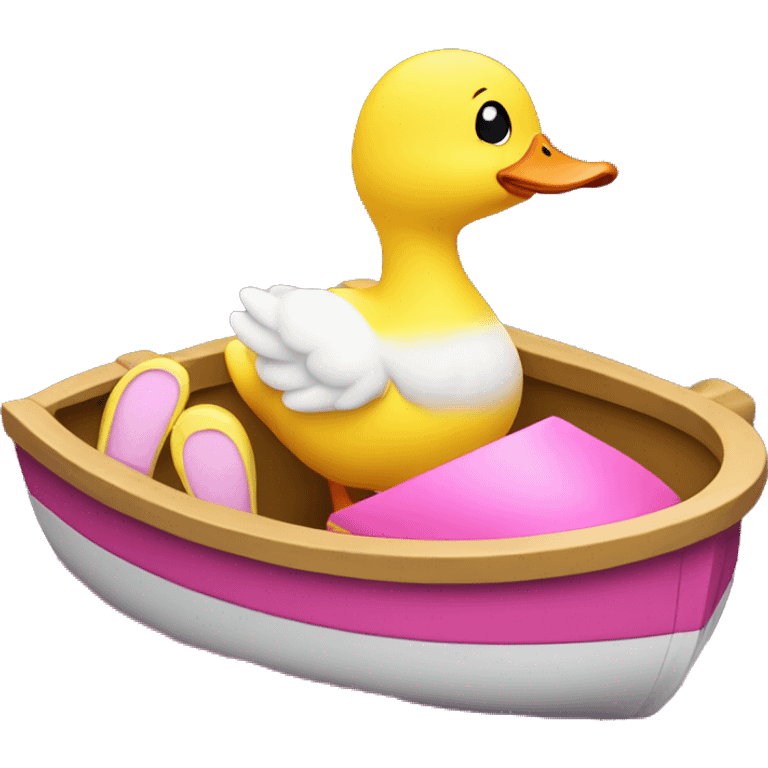 A baby yellow duck driving a boat with pink slippers emoji