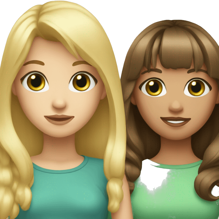 Two best friends, both with bangs, one blonde with blue eyes and the other brown hair with green eyes emoji