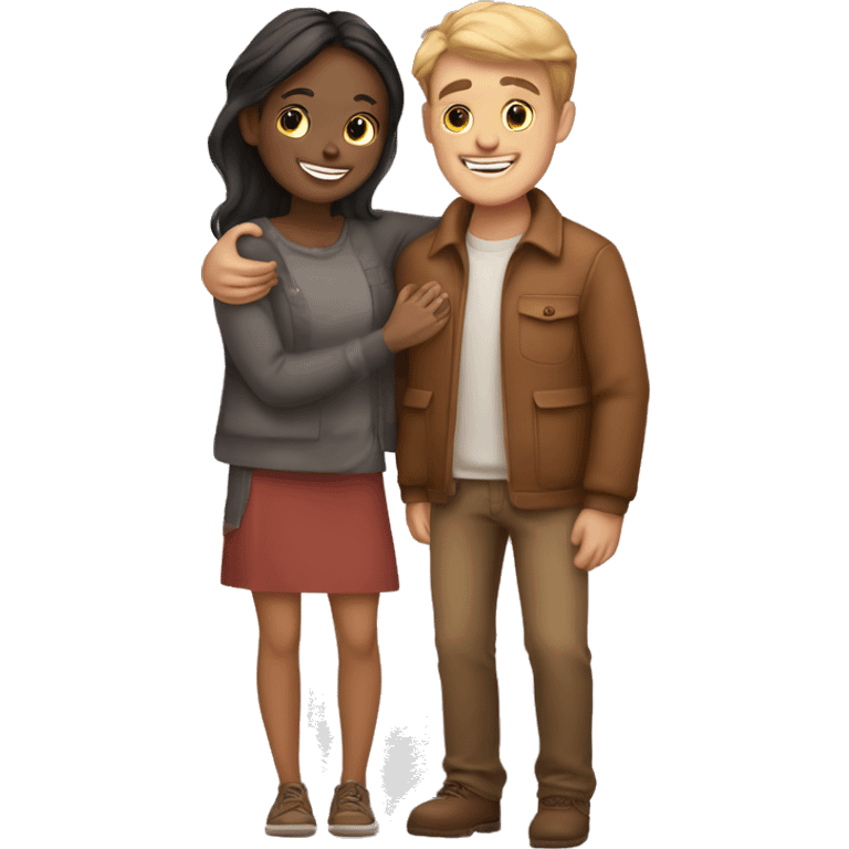 couple hug with warm smiles guy fair skin and girl brown skin emoji