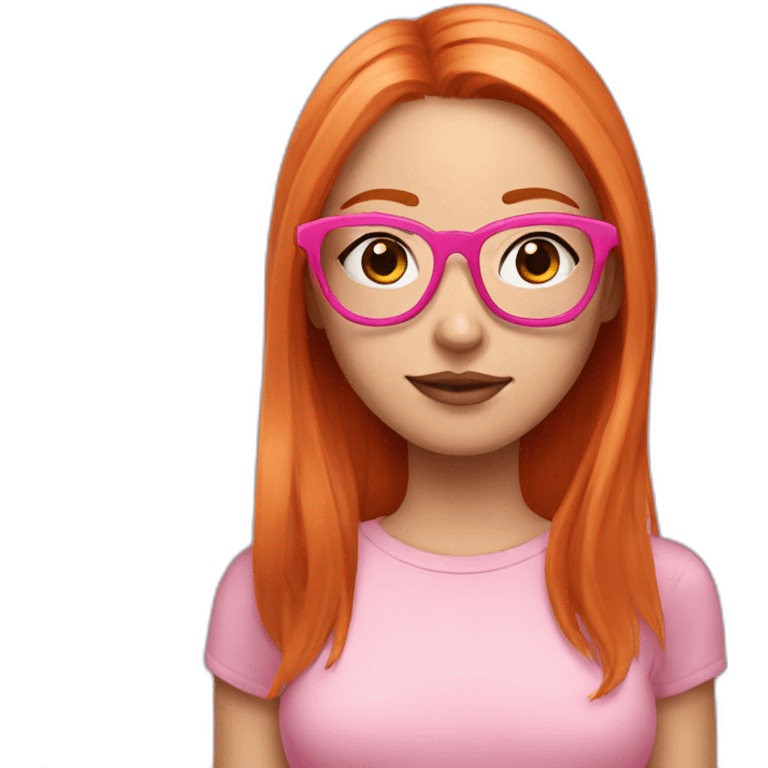 Ginger girl with makeup and pink glasses, shoulder length straight hair, middle part, wearing pink emoji