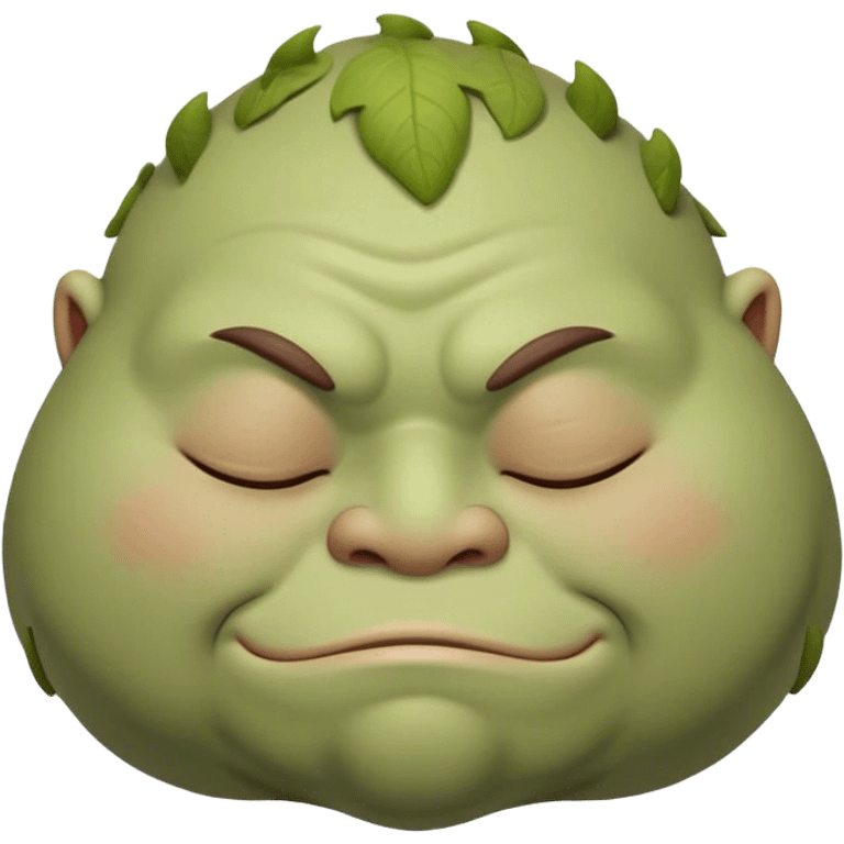 Meme-Worthy Cute Sleeping Ogre Portrait Emoji, with a surprisingly endearing, plump figure in soft earthy greens and browns, head drooping gently with closed, relaxed eyes and a content, sleepy grin, simplified yet adorably detailed, glowing with a soft warm outline that captures the peaceful slumber of a friendly ogre after a day of gentle mischief! emoji